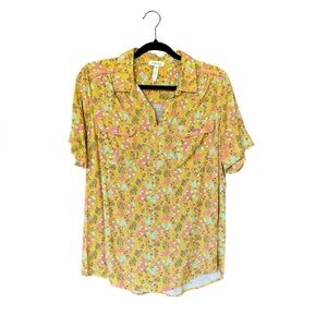 Matilda Jane Mustard Floral Short Sleeve Button Boho Vintage Feel Blouse Sz M‎